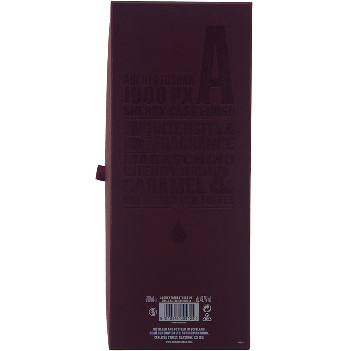 A dark maroon box with subtle text showcases Auchentoshan 1988 PX Sherry Cask Finish Single Malt Scotch Whisky, triple distilled and finished in Pedro Ximénez sherry casks, offering maraschino cherry, caramel, and toffee notes.