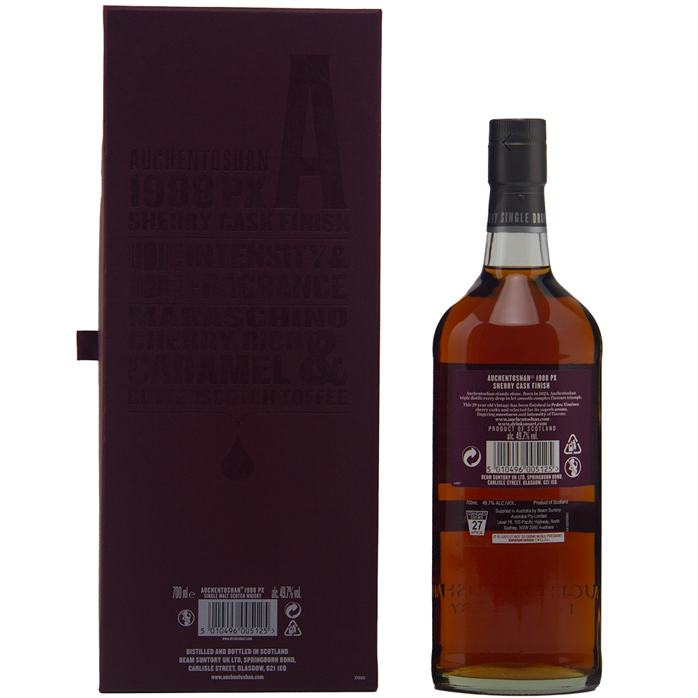 A bottle of Auchentoshan 1988 PX Sherry Cask Finish Single Malt Scotch Whisky, known for triple distillation and PX sherry cask influence, stands with its maroon box. Both display product labels and details, with the bottle shown from the back.