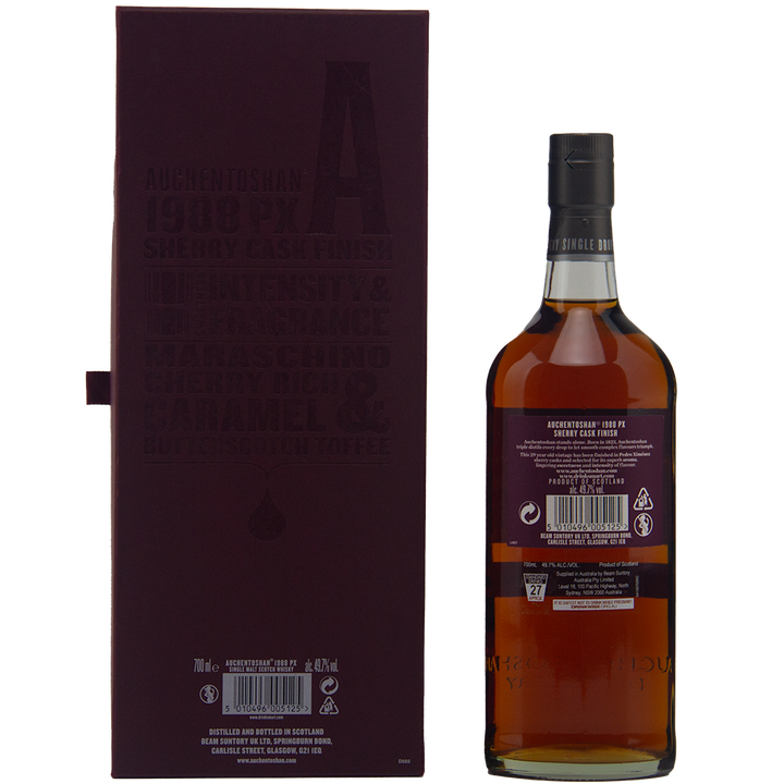 A bottle of Auchentoshan 1988 PX Sherry Cask Finish Single Malt Scotch Whisky, known for triple distillation and PX sherry cask influence, stands with its maroon box. Both display product labels and details, with the bottle shown from the back.