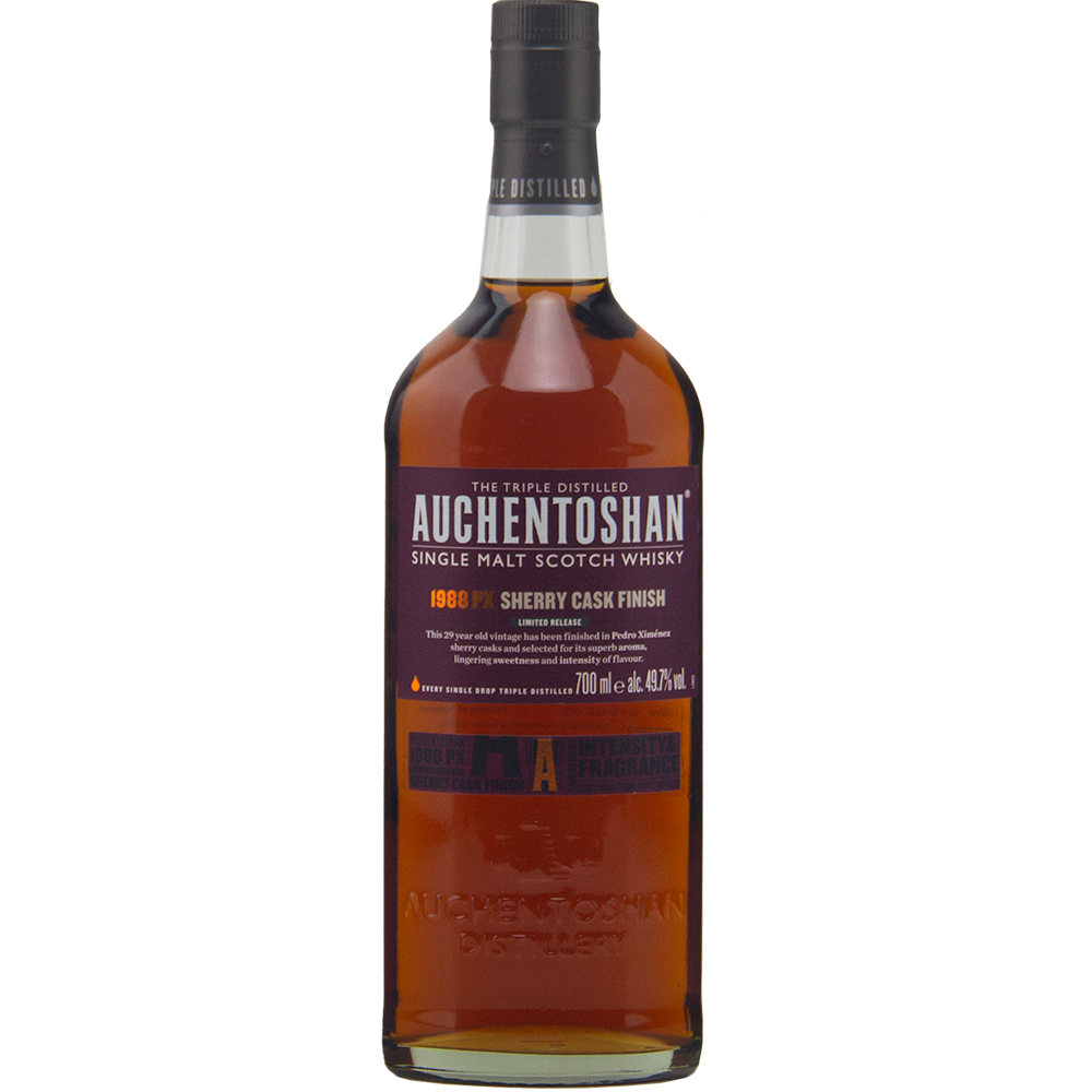 A bottle of Auchentoshan 1988 PX Sherry Cask Finish Single Malt Scotch Whisky, triple distilled for smoothness, showcasing amber liquid through clear glass and a dark purple label with white and gold text. Matured in Pedro Ximénez sherry casks.