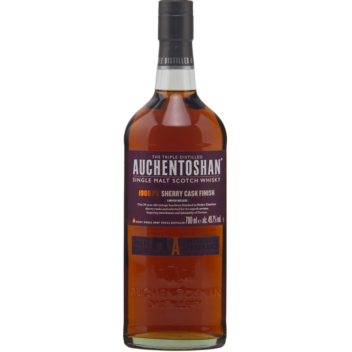 A bottle of Auchentoshan 1988 PX Sherry Cask Finish Single Malt Scotch Whisky, triple distilled for smoothness, showcasing amber liquid through clear glass and a dark purple label with white and gold text. Matured in Pedro Ximénez sherry casks.