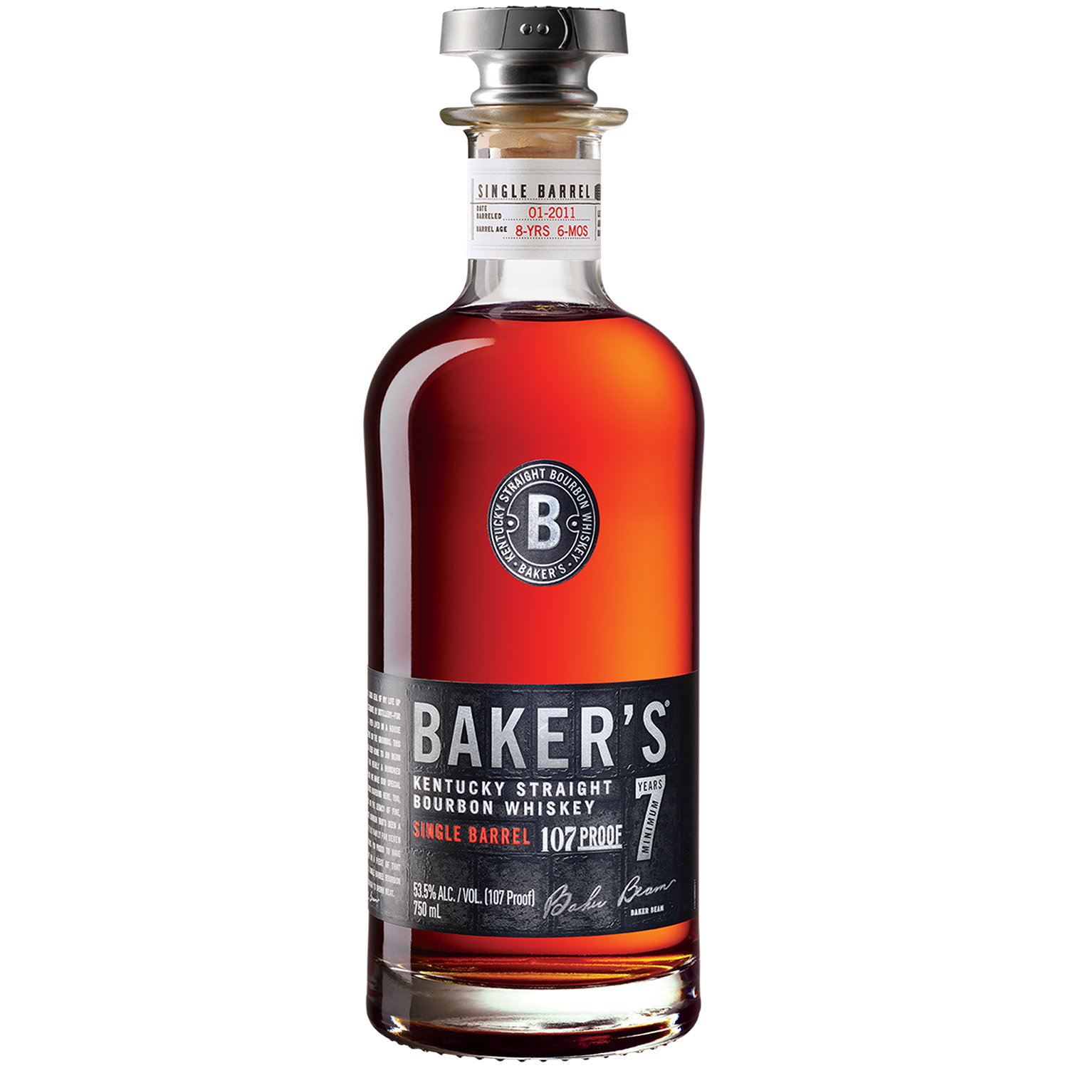 A bottle of Baker’s 7 Year Old Single Barrel Bourbon features rich amber bourbon in clear glass with a black and silver label and silver cap, displayed against a plain white background.