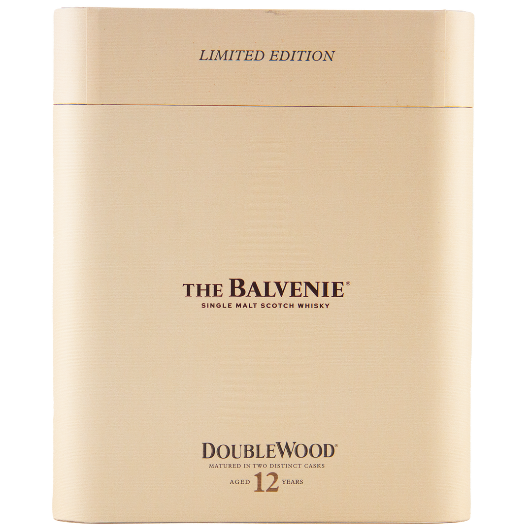 A beige box marked "Limited Edition" features The Balvenie 12 Year Old DoubleWood Vietnam Limited Edition Gift Set Single Malt Scotch Whisky in the center. The simple, elegant design makes it a refined gift choice.
