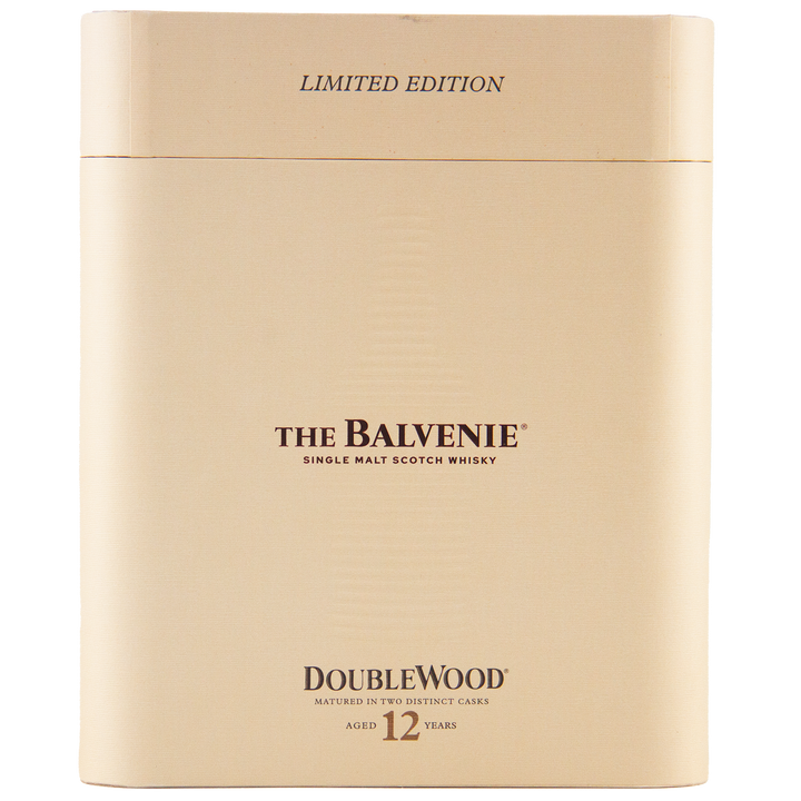 A beige box marked "Limited Edition" features The Balvenie 12 Year Old DoubleWood Vietnam Limited Edition Gift Set Single Malt Scotch Whisky in the center. The simple, elegant design makes it a refined gift choice.