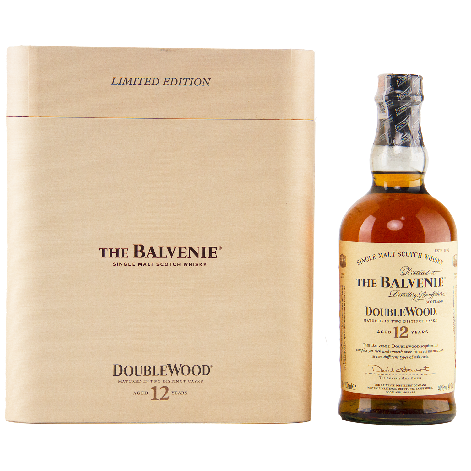 A bottle of The Balvenie 12 Year Old DoubleWood Vietnam Limited Edition Gift Set Single Malt Scotch Whisky stands beside its tan box, both showcasing gold and black text with detailed product information.