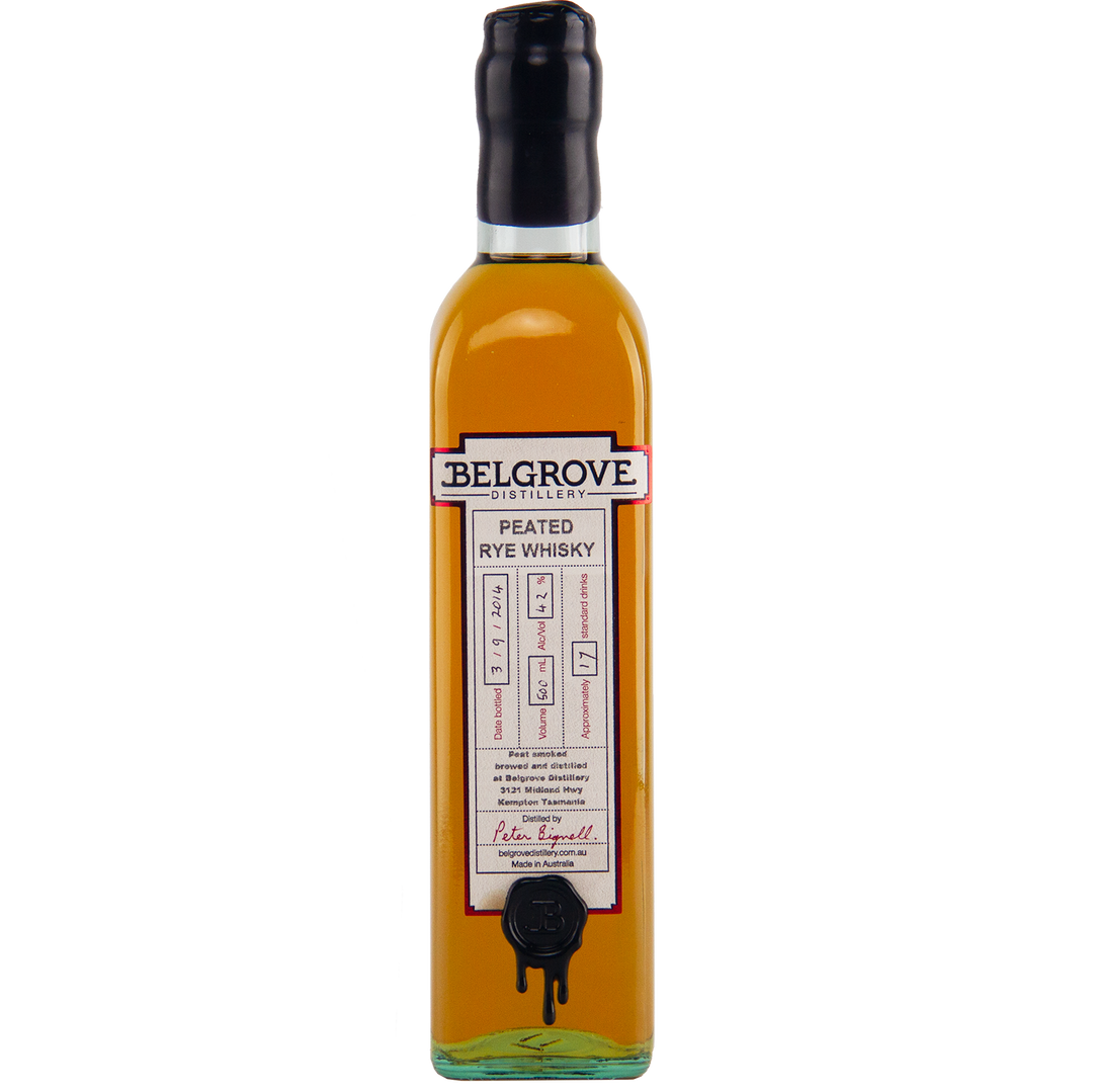 Bottle of Belgrove Peated Rye Whisky on a white background