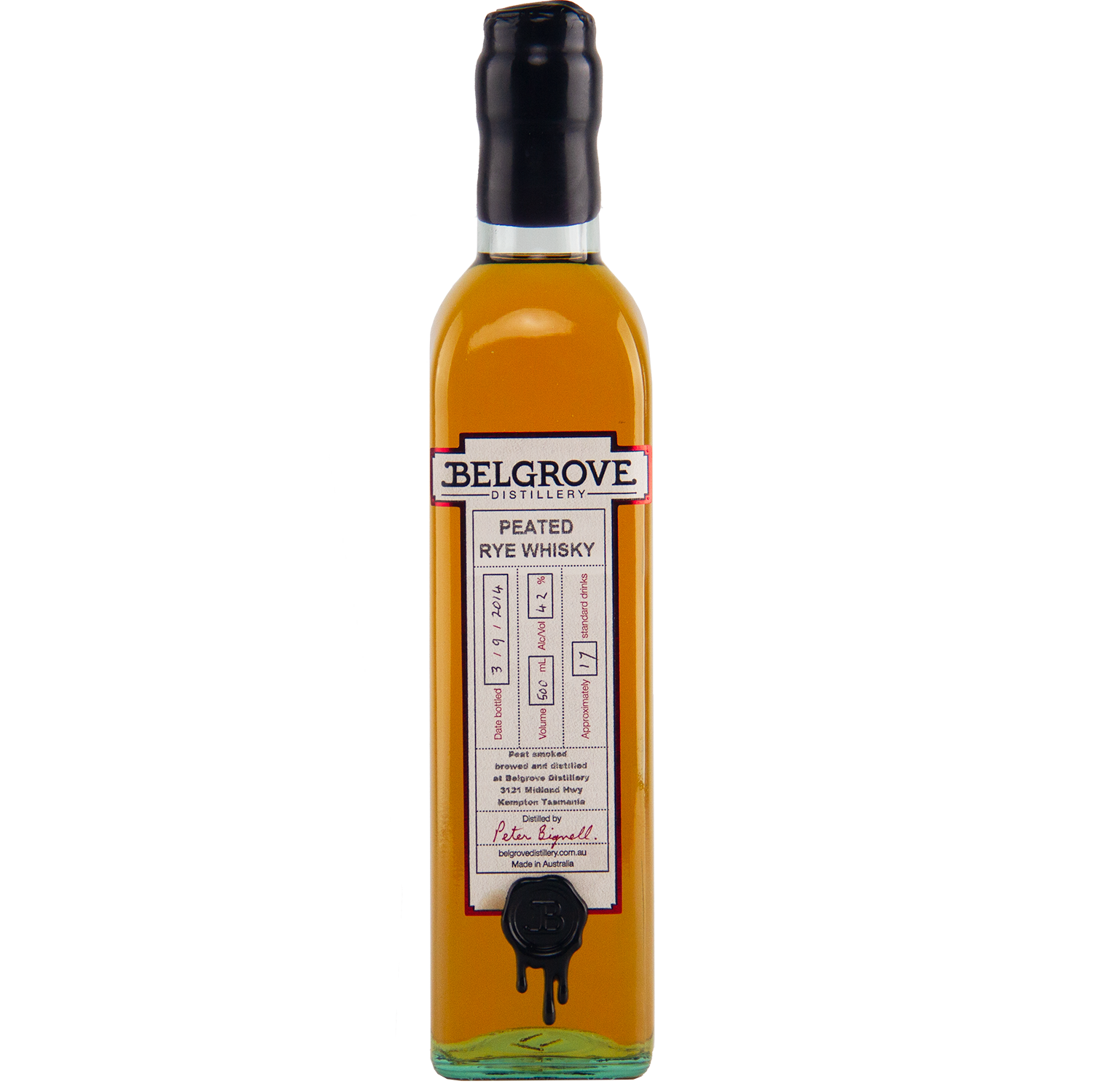 Bottle of Belgrove Peated Rye Whisky on a white background