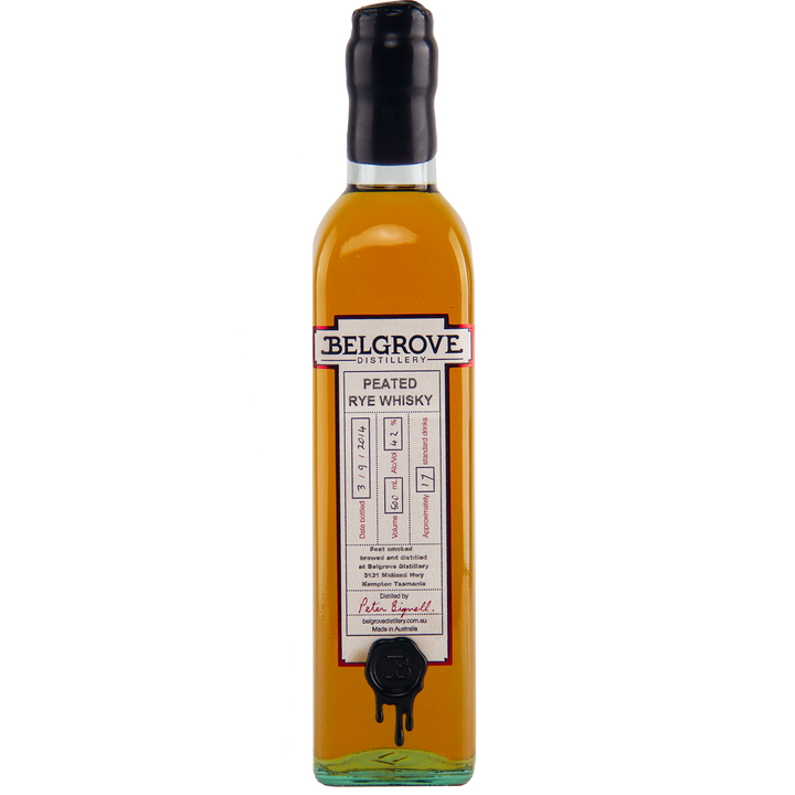 Bottle of Belgrove Peated Rye Whisky on a white background