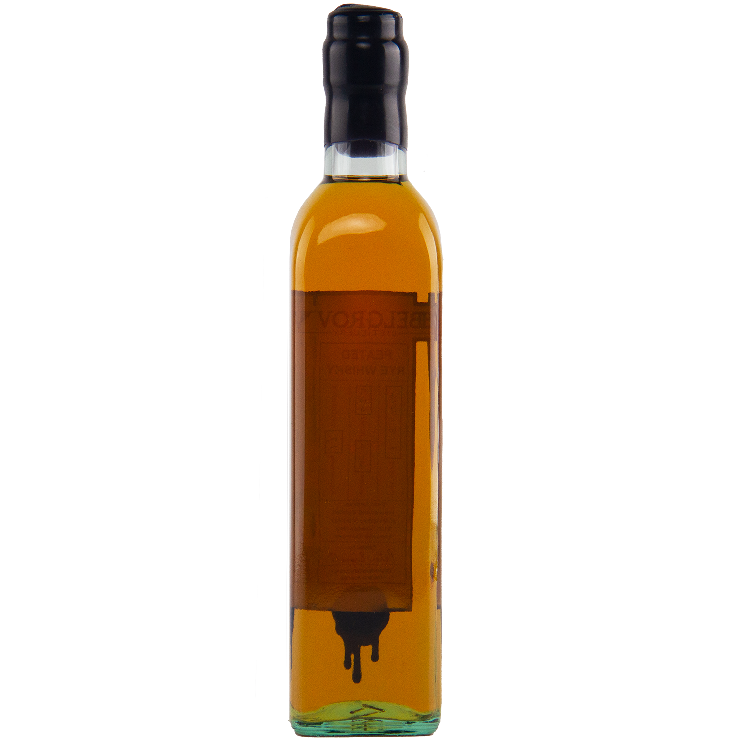 Bottle of amber liquid with a black cap on a white background
