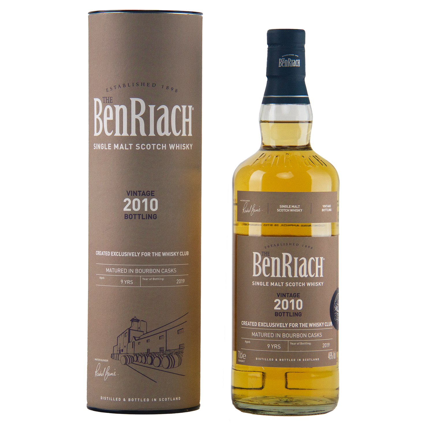 A bottle of BenRiach 2010 First-Fill American Oak – The Whisky Club Exclusive 700ml, matured in bourbon casks for 9 years and bottled in 2019, with its brown cylinder packaging. Exclusive Australia release.