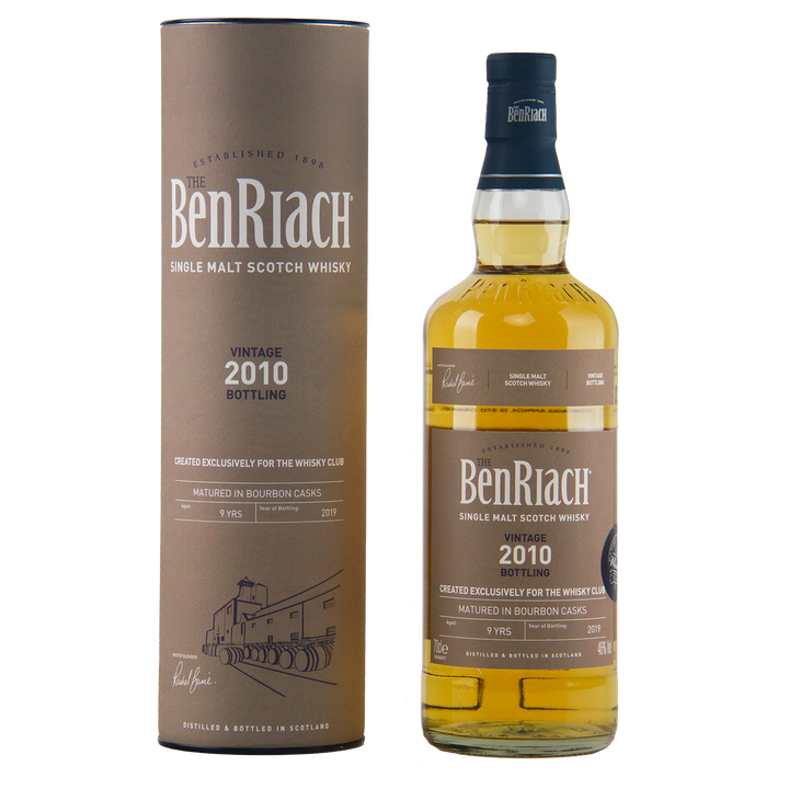 A bottle of BenRiach 2010 First-Fill American Oak – The Whisky Club Exclusive 700ml, matured in bourbon casks for 9 years and bottled in 2019, with its brown cylinder packaging. Exclusive Australia release.