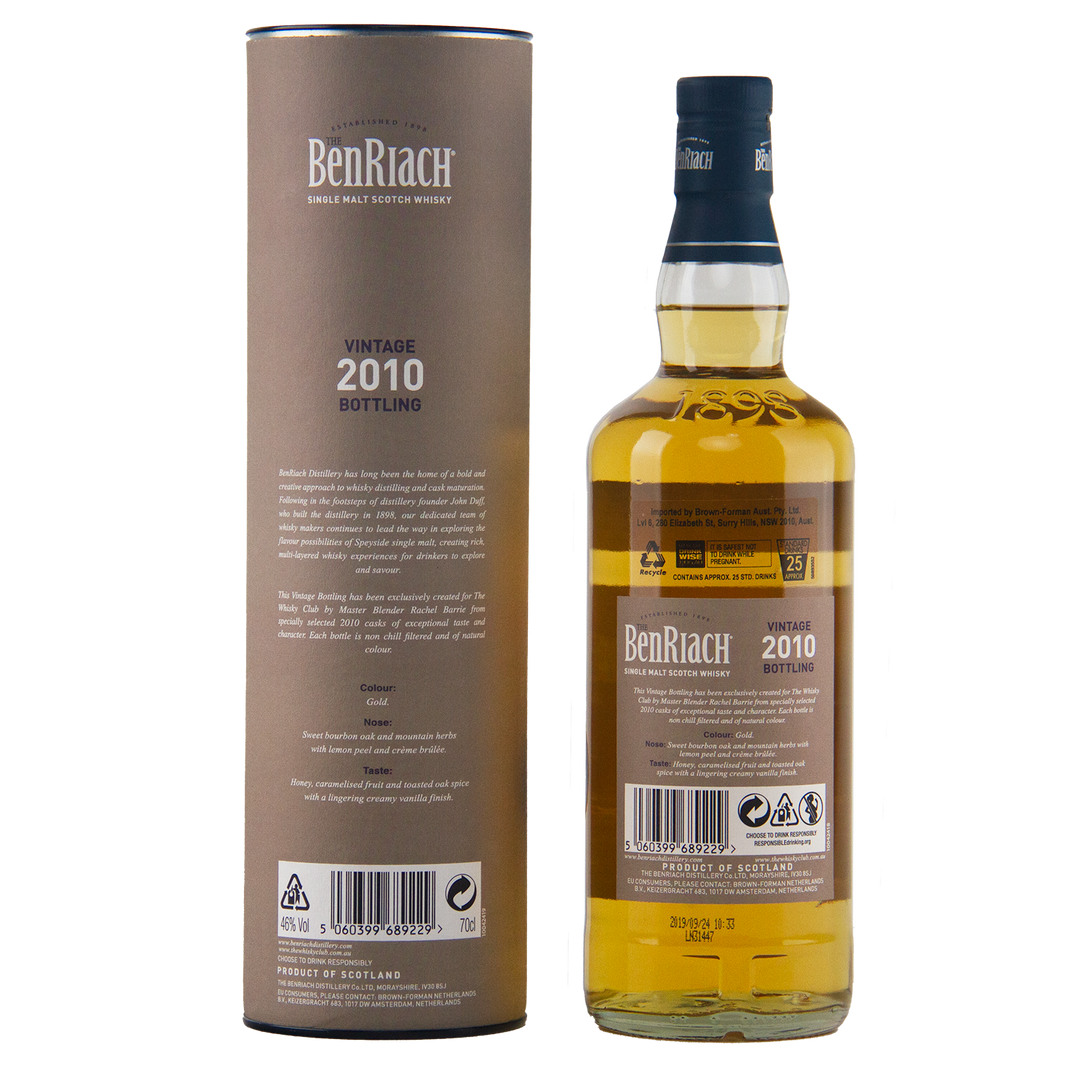A bottle of BenRiach 2010 First-Fill American Oak – The Whisky Club Exclusive 700ml stands beside its brown cylindrical packaging, highlighting its unique details and branding from this exclusive Australian release.