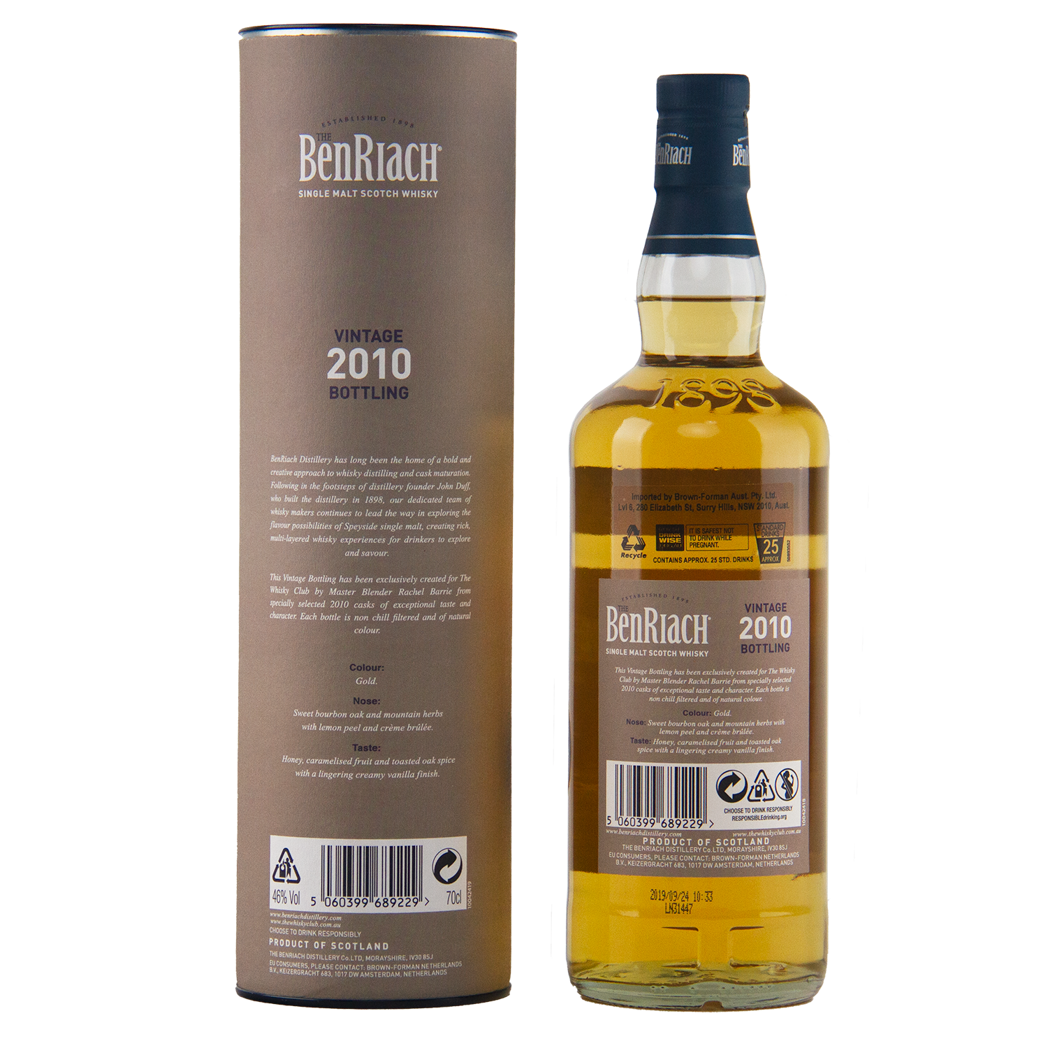 A bottle of BenRiach 2010 First-Fill American Oak – The Whisky Club Exclusive 700ml stands beside its brown cylindrical packaging, highlighting its unique details and branding from this exclusive Australian release.