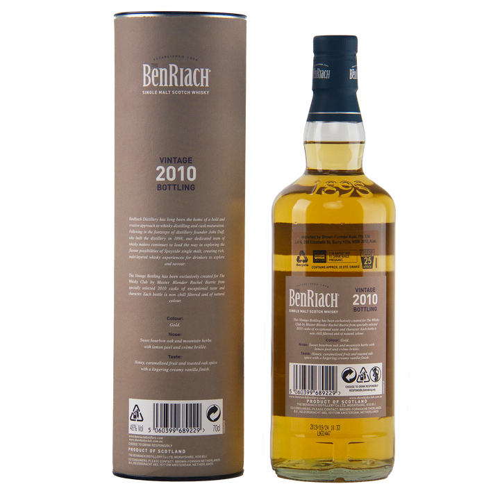 A bottle of BenRiach 2010 First-Fill American Oak – The Whisky Club Exclusive 700ml stands beside its brown cylindrical packaging, highlighting its unique details and branding from this exclusive Australian release.
