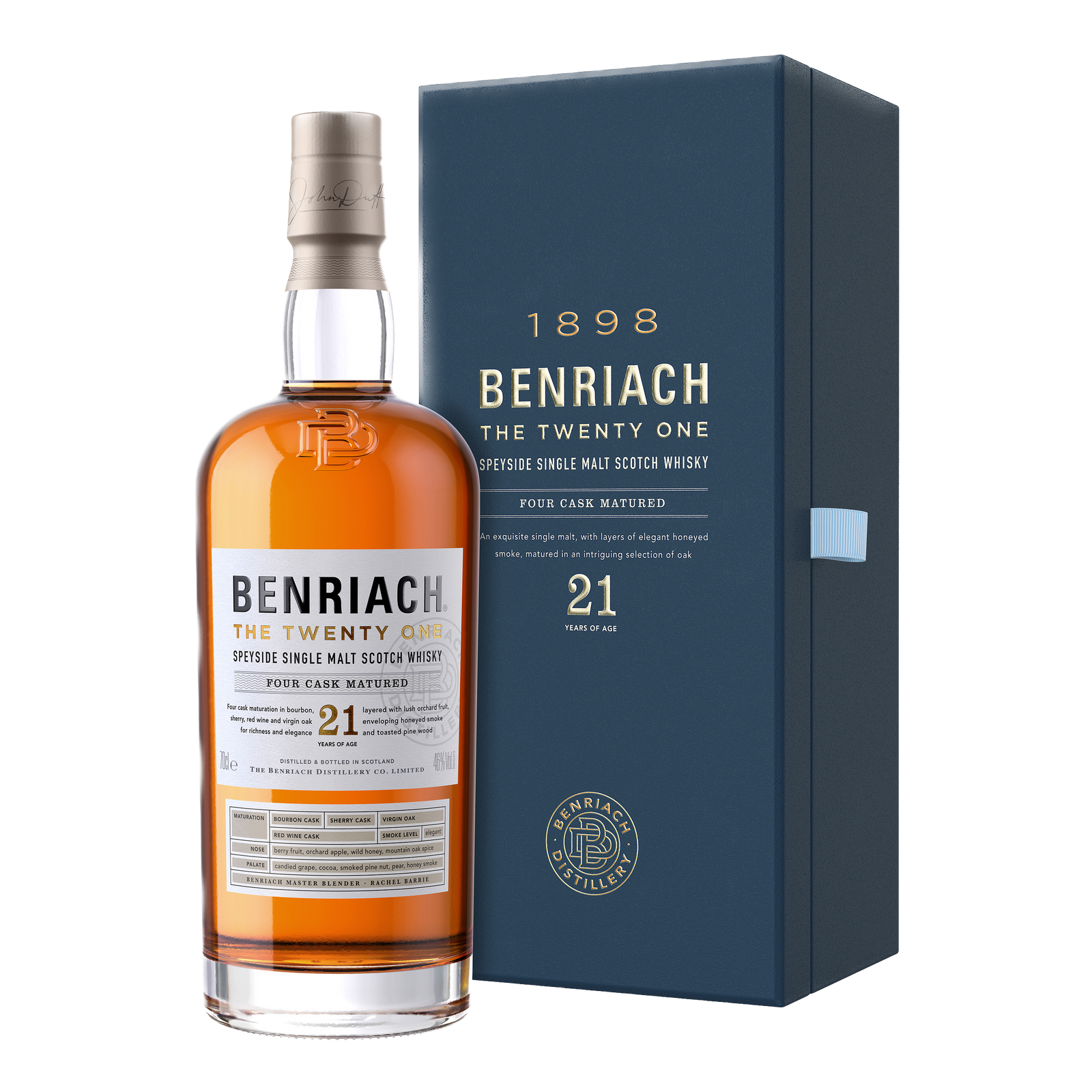 A bottle of Benriach The Twenty One Single Malt Scotch Whisky stands next to its blue box, showcasing detailed labeling and amber spirit crafted from a blend of peated and unpeated malt.