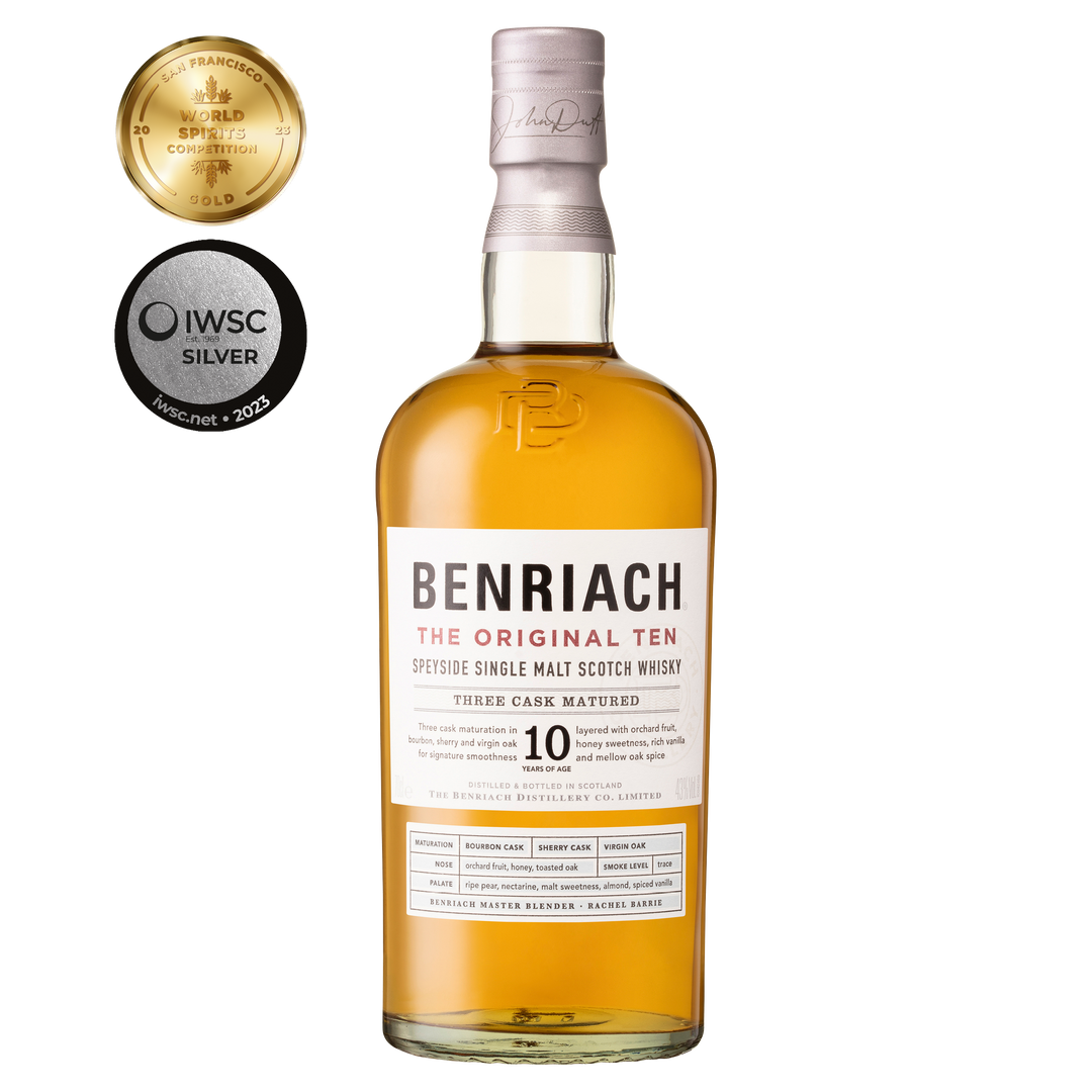 A bottle of Benriach The Original Ten Single Malt Scotch Whisky sits beside gold and silver award medals, showcasing the acclaimed quality of this expertly triple cask matured single malt.