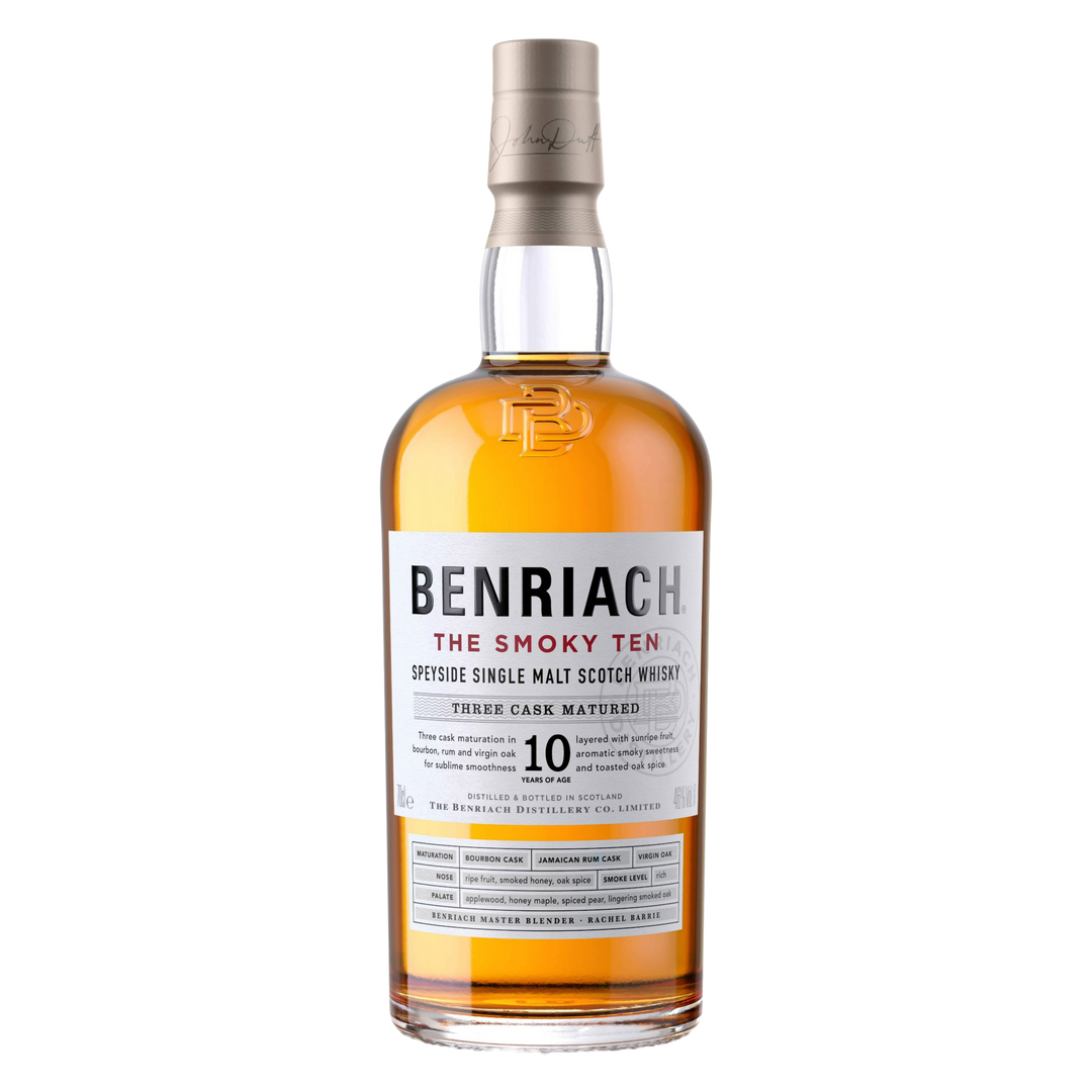 A bottle of Benriach The Smoky Ten Single Malt Scotch Whisky features a white label, silver cap, amber liquid, and highlights its 10-year age plus three-cask maturation for a distinctive Speyside whisky experience.