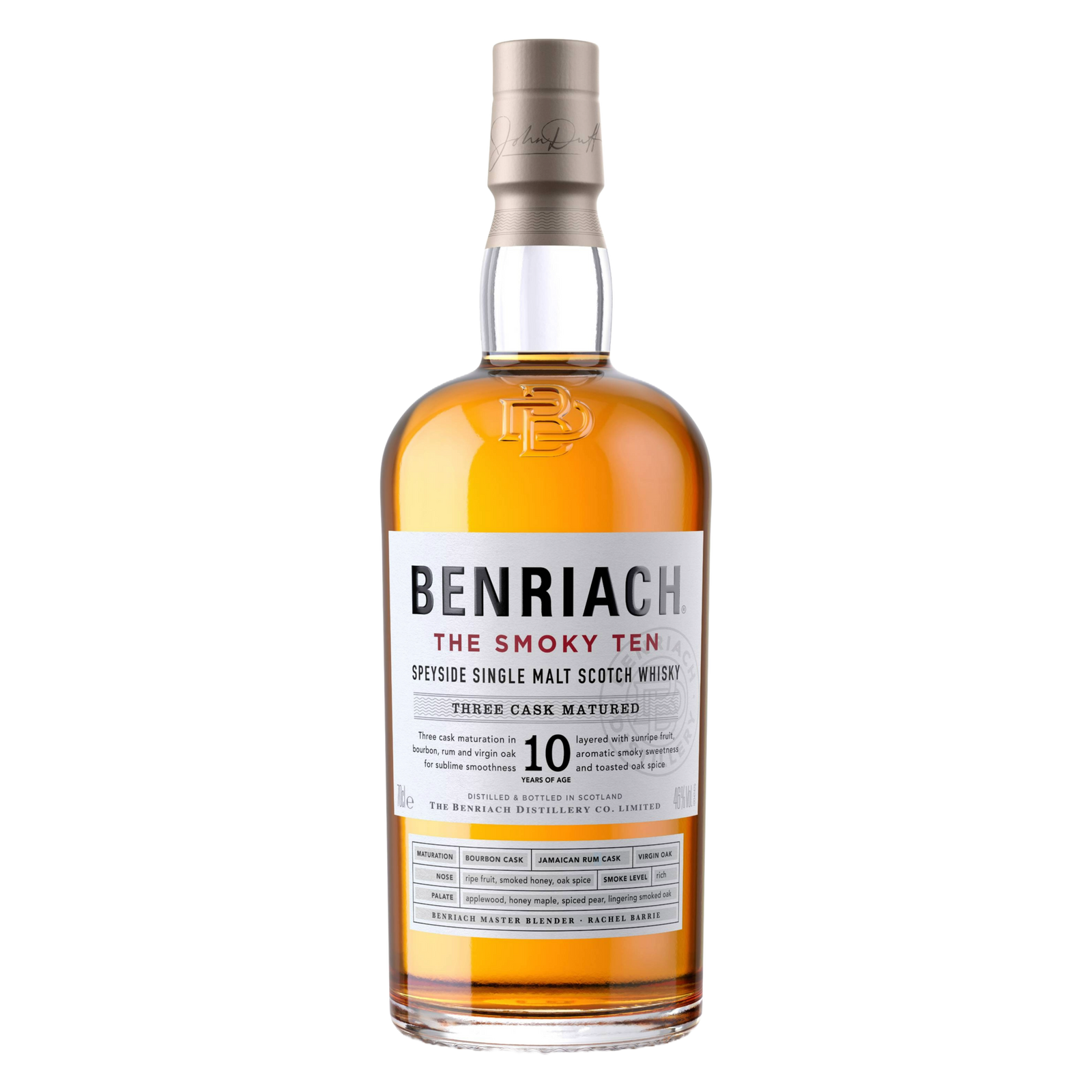 A bottle of Benriach The Smoky Ten Single Malt Scotch Whisky features a white label, silver cap, amber liquid, and highlights its 10-year age plus three-cask maturation for a distinctive Speyside whisky experience.