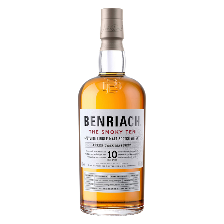 A bottle of Benriach The Smoky Ten Single Malt Scotch Whisky features a white label, silver cap, amber liquid, and highlights its 10-year age plus three-cask maturation for a distinctive Speyside whisky experience.