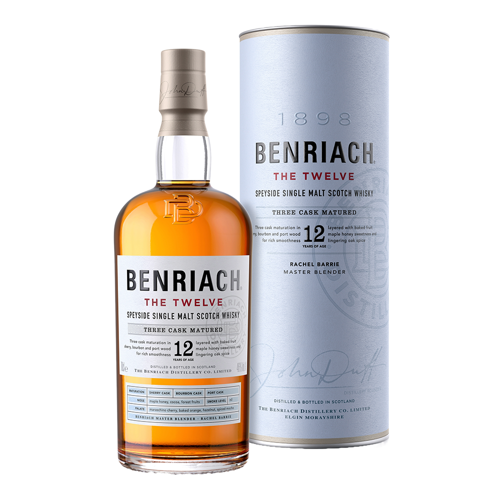 A bottle of Benriach The Smoky Twelve Single Malt Scotch Whisky stands next to its matching cylindrical packaging, both featuring product details and pale blue, white, and red accents.