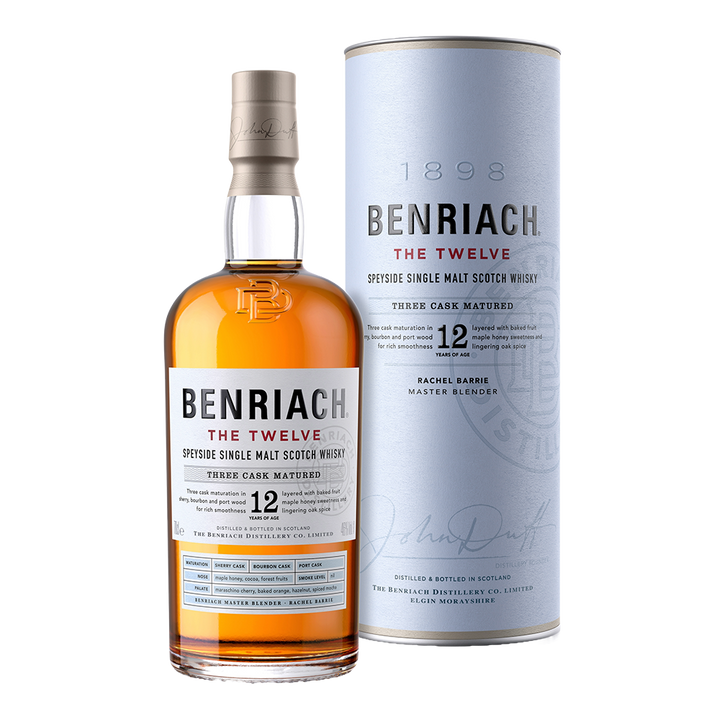 A bottle of Benriach The Smoky Twelve Single Malt Scotch Whisky stands next to its matching cylindrical packaging, both featuring product details and pale blue, white, and red accents.