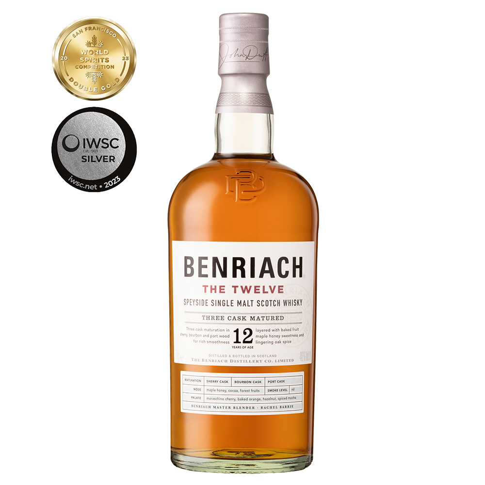 A bottle of Benriach The Smoky Twelve Single Malt Scotch Whisky, aged 12 years and matured in three casks, with two medals: gold at the World Spirits Competition and silver at the IWSC.