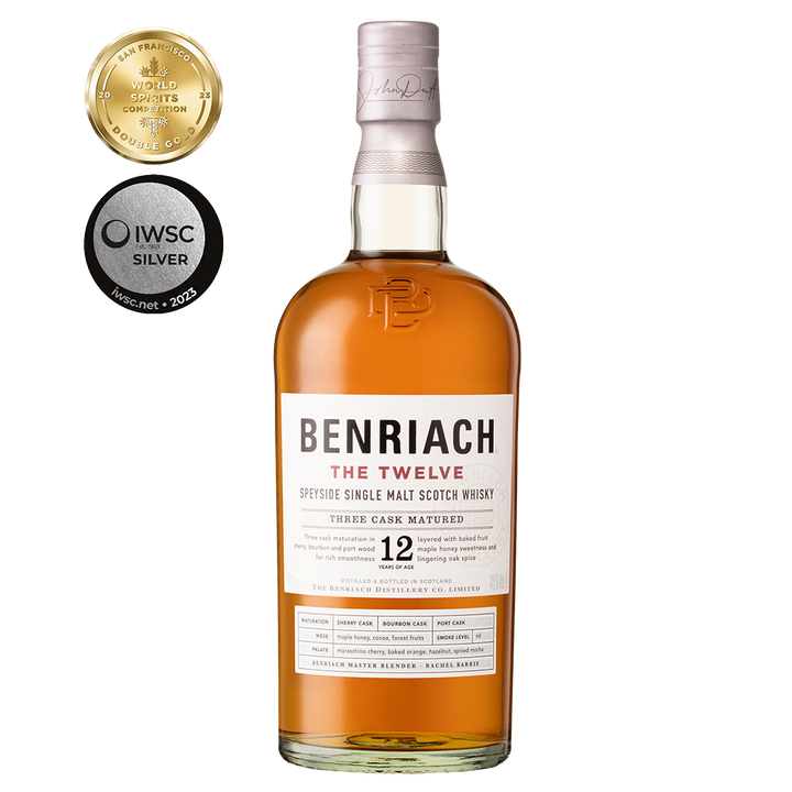 A bottle of Benriach The Smoky Twelve Single Malt Scotch Whisky, aged 12 years and matured in three casks, with two medals: gold at the World Spirits Competition and silver at the IWSC.