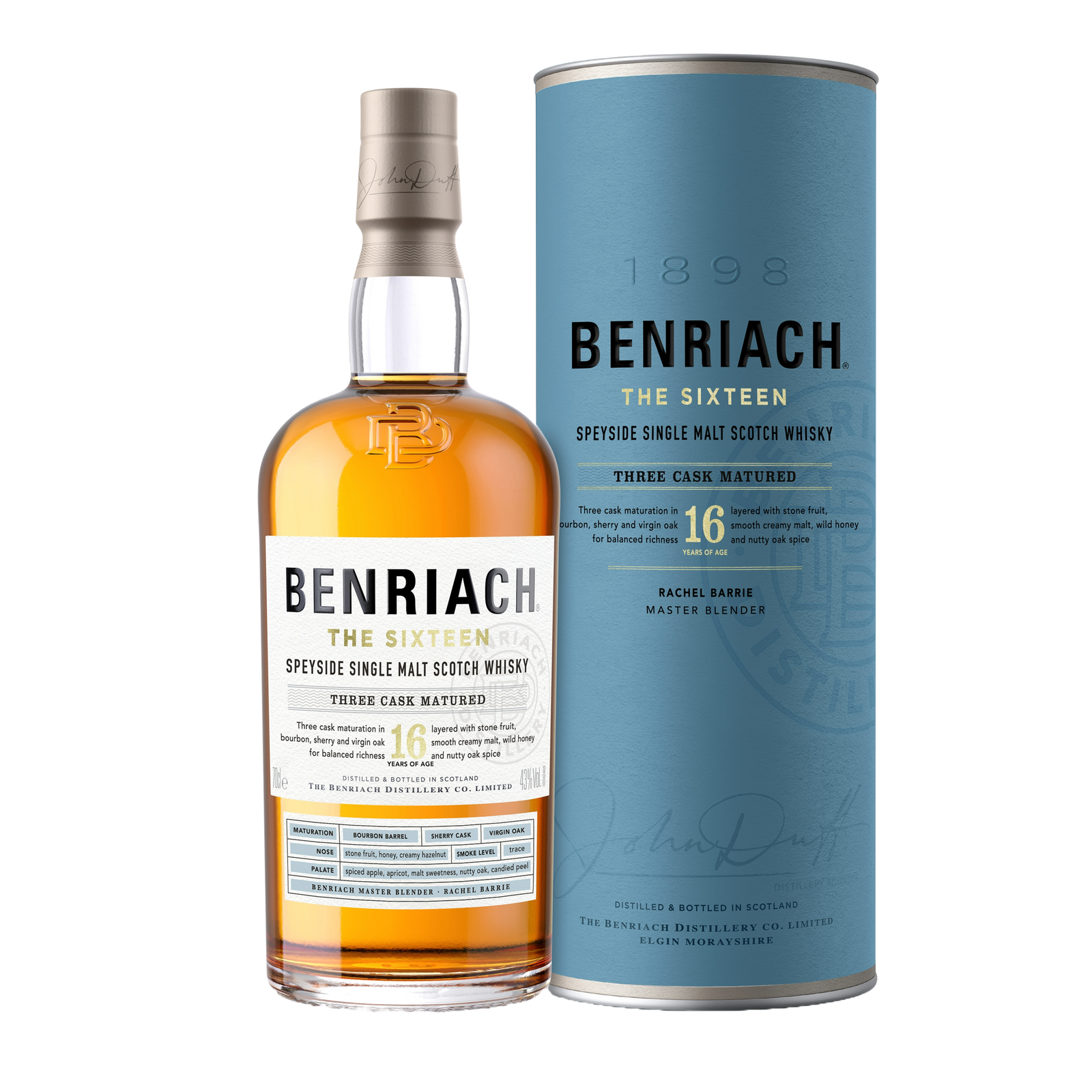 A bottle of Benriach The Sixteen Single Malt Scotch Whisky stands next to its cylindrical box, both adorned with gold, blue, and white accents that emphasize the triple cask maturation described on the label and packaging.