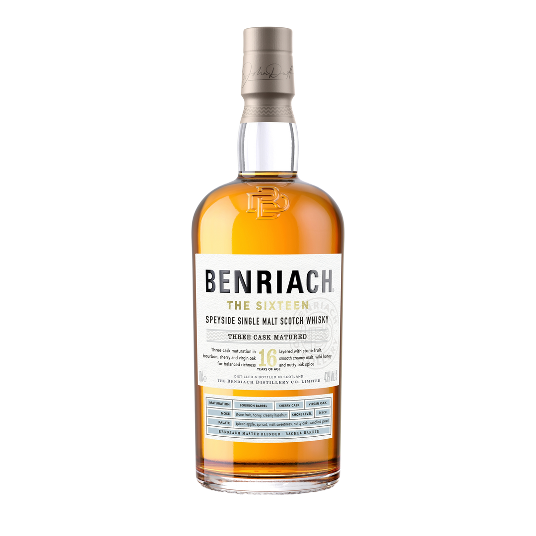 A bottle of Benriach The Sixteen Single Malt Scotch Whisky with a beige cap and white label, displaying black and blue text that notes its triple cask maturation and famous Speyside heritage.