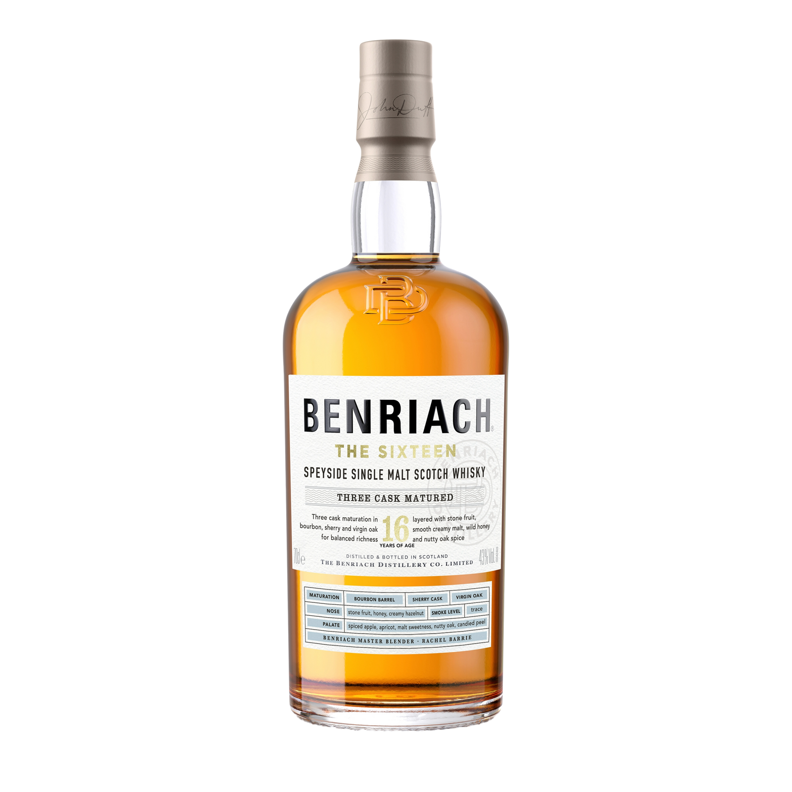 A bottle of Benriach The Sixteen Single Malt Scotch Whisky with a beige cap and white label, displaying black and blue text that notes its triple cask maturation and famous Speyside heritage.