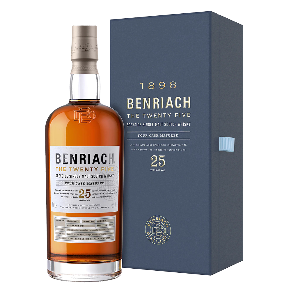 A bottle of Benriach The Twenty Five Single Malt Scotch Whisky stands beside its blue box, featuring gold and white accents and the number 25, celebrating this exceptional 25-year-old Speyside single malt.