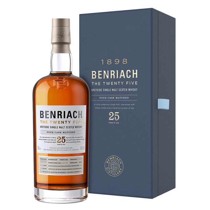 A bottle of Benriach The Twenty Five Single Malt Scotch Whisky stands beside its blue box, featuring gold and white accents and the number 25, celebrating this exceptional 25-year-old Speyside single malt.