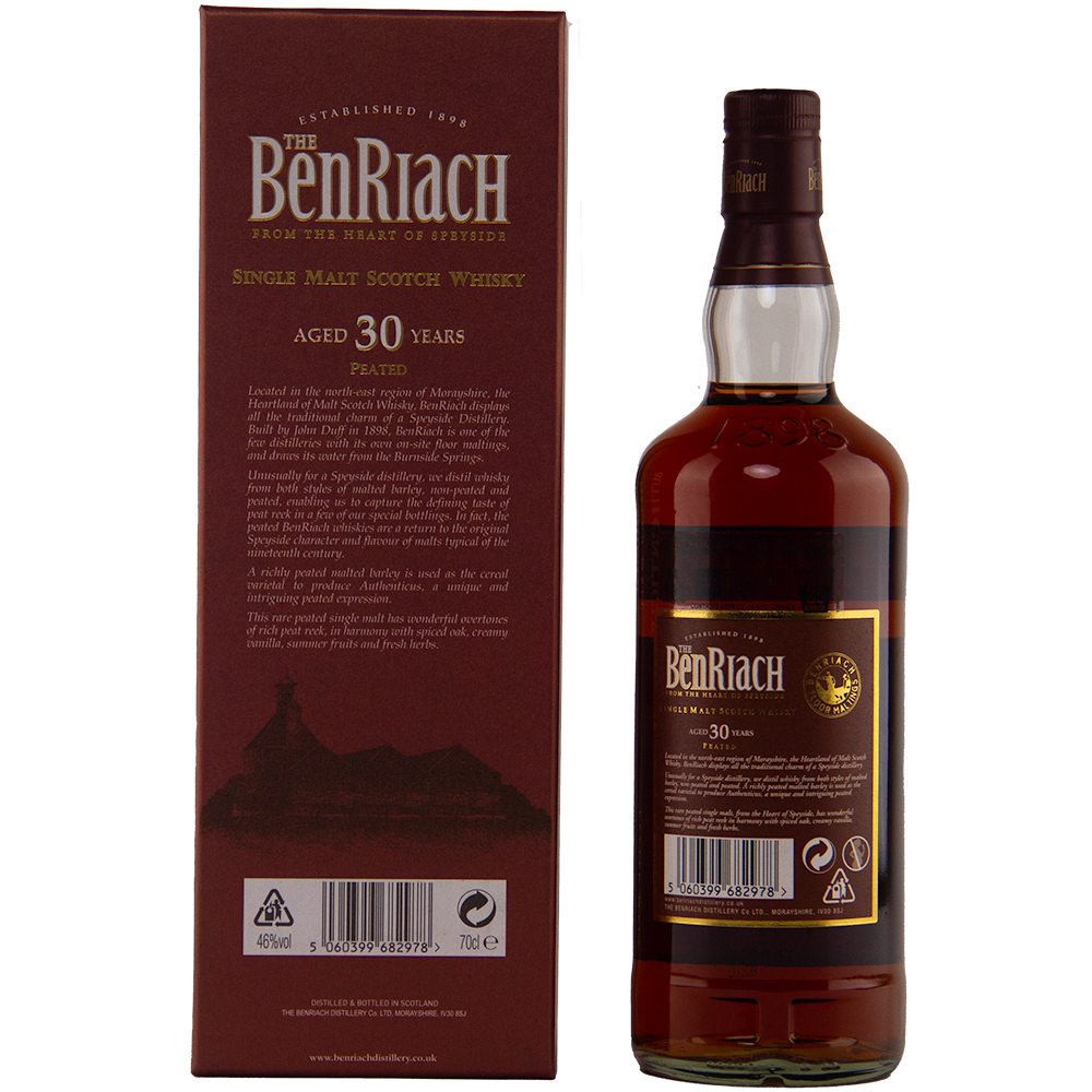 A bottle of Benriach Authenticus Peated 30 Year Old stands beside its maroon box, both featuring gold and white text that showcases the Speyside single malt’s age and branding.