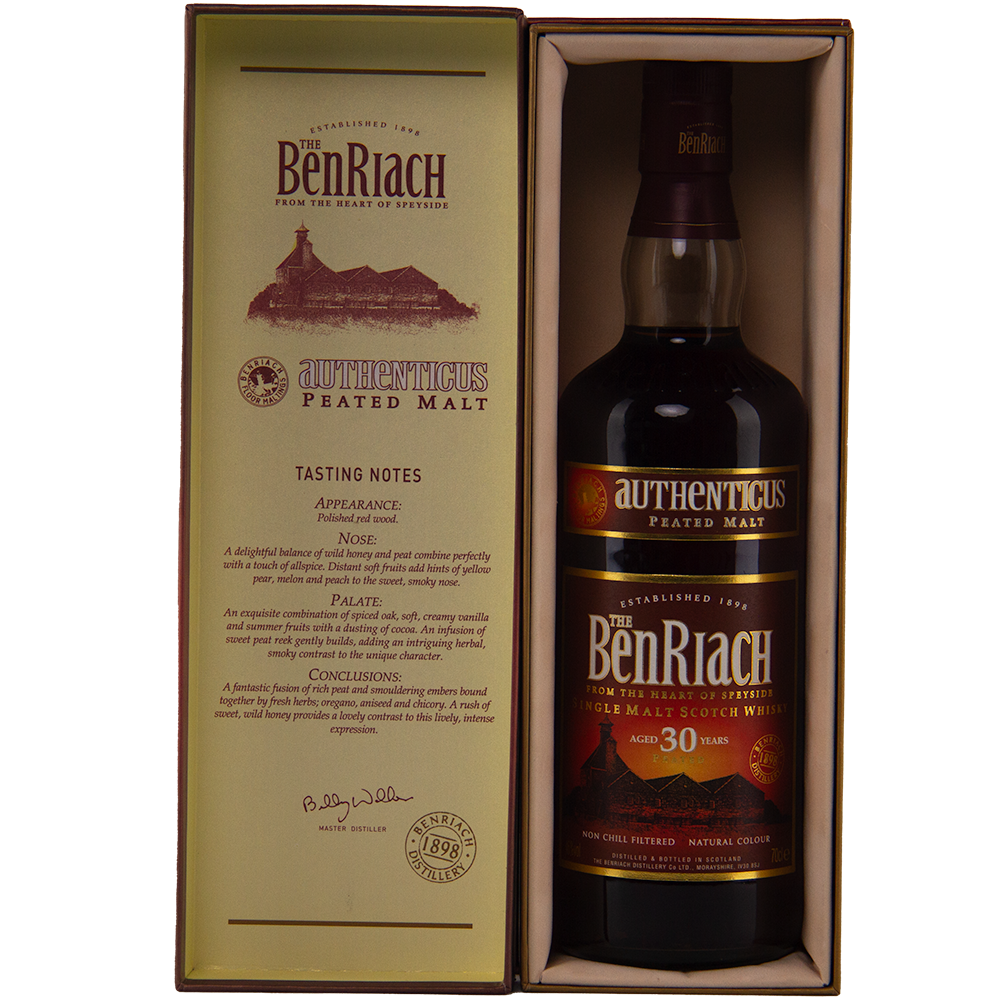 A boxed bottle of Benriach Authenticus Peated 30 Year Old, a distinguished peated Speyside single malt. The box lid displays tasting notes and product details, and the bottle features a dark label with gold and red accents.