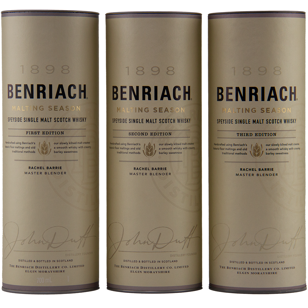 Three Benriach Malting Season Set – Editions 1, 2 & 3 Single Malt Scotch Whisky boxes stand together, their gold and brown colors reflecting Speyside heritage and the tradition of floor-malted whiskies by the master blender.