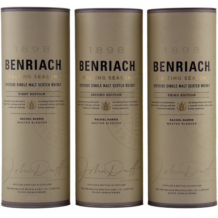 Three Benriach Malting Season Set – Editions 1, 2 & 3 Single Malt Scotch Whisky boxes stand together, their gold and brown colors reflecting Speyside heritage and the tradition of floor-malted whiskies by the master blender.