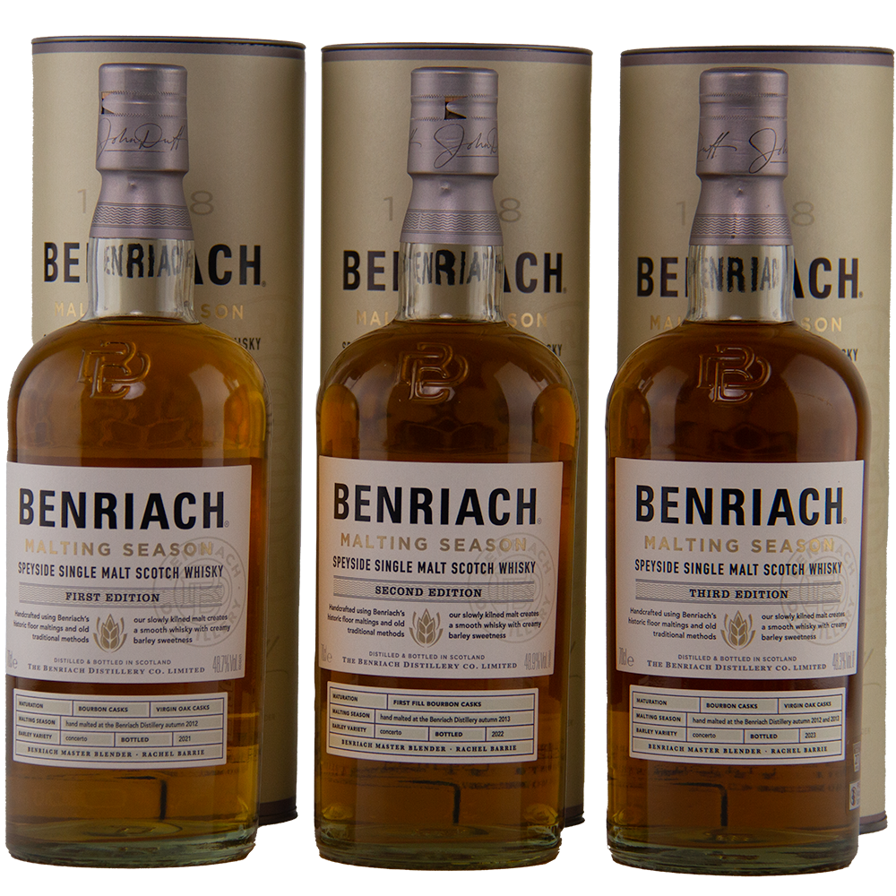 Three bottles of Benriach Malting Season Set – Editions 1, 2 & 3 Single Malt Scotch Whisky, each with a matching cylindrical container behind it, are displayed side by side to showcase the craftsmanship of the Speyside distillery.