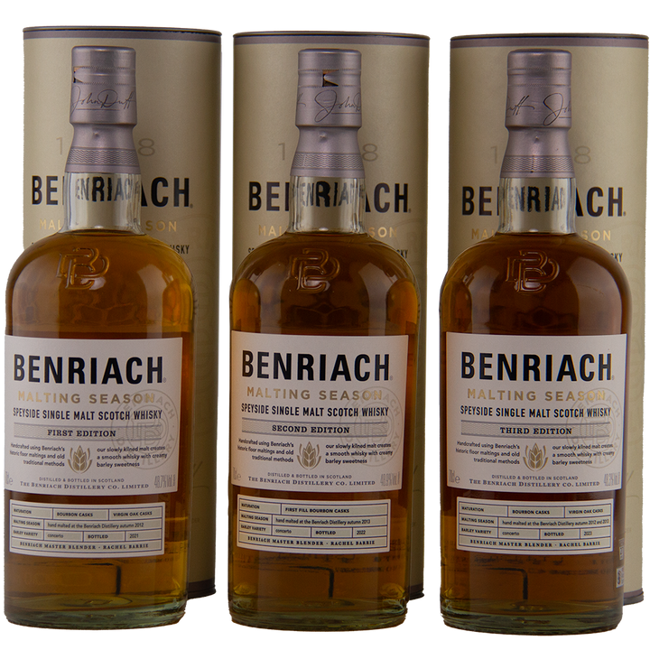 Three bottles of Benriach Malting Season Set – Editions 1, 2 & 3 Single Malt Scotch Whisky, each with a matching cylindrical container behind it, are displayed side by side to showcase the craftsmanship of the Speyside distillery.
