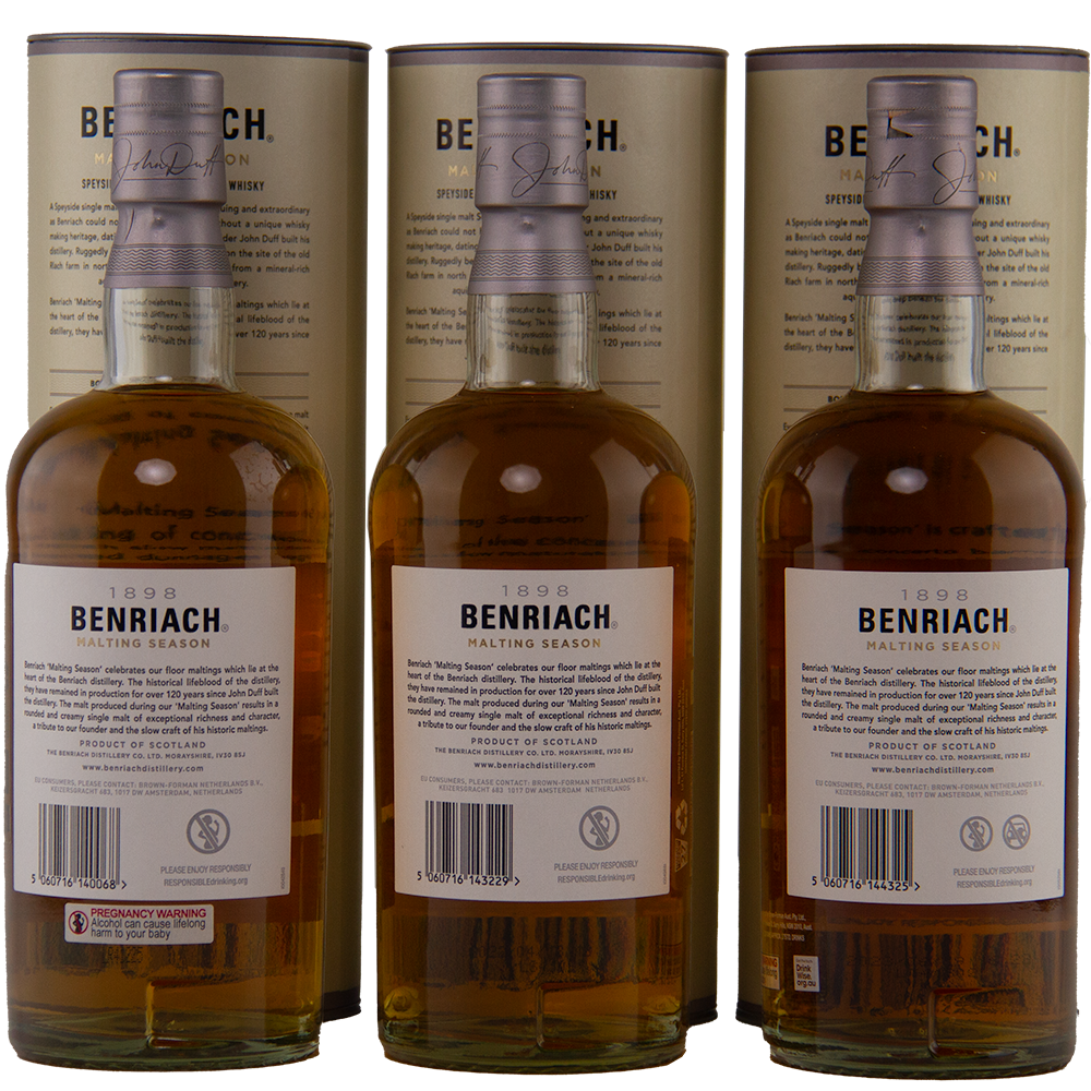 Three bottles of Benriach Malting Season Set – Editions 1, 2 & 3 Single Malt Scotch Whisky are shown side by side with visible back labels and barcodes, each backed by its cylindrical packaging from this renowned Speyside distillery.