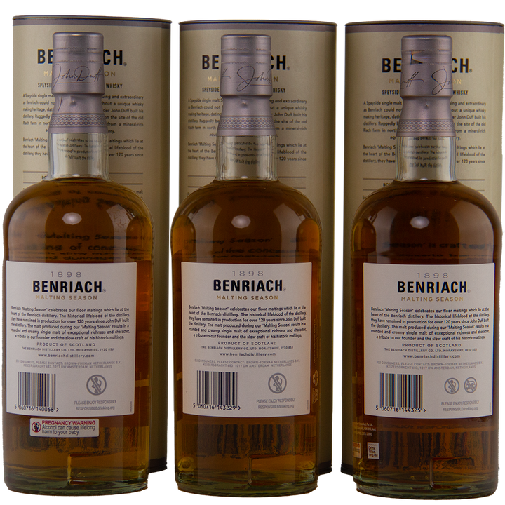 Three bottles of Benriach Malting Season Set – Editions 1, 2 & 3 Single Malt Scotch Whisky are shown side by side with visible back labels and barcodes, each backed by its cylindrical packaging from this renowned Speyside distillery.