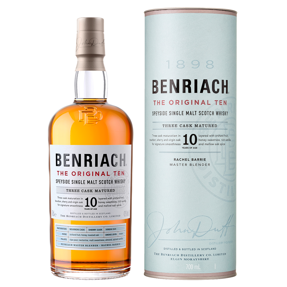 A bottle and cylindrical box of Benriach The Original Ten Single Malt Scotch Whisky, matured in a triple cask process. The light blue and white packaging has red and gold accents with branding and whisky details displayed.