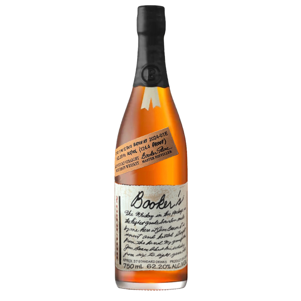 A bottle of Booker’s 2024 Bourbon features a black wax seal, cream paper label with handwritten-style text, and boasts a robust 124.7 proof (62.2% ABV).