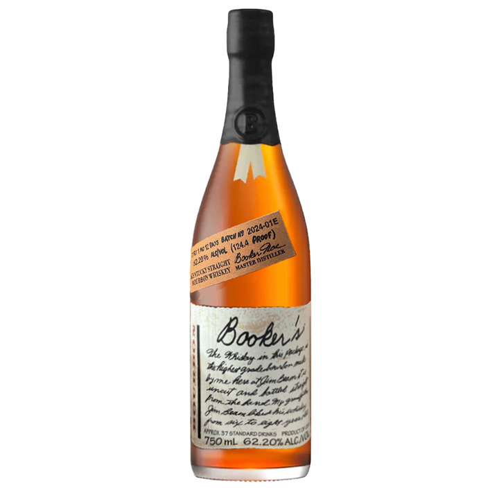 A bottle of Booker’s 2024 Bourbon features a black wax seal, cream paper label with handwritten-style text, and boasts a robust 124.7 proof (62.2% ABV).