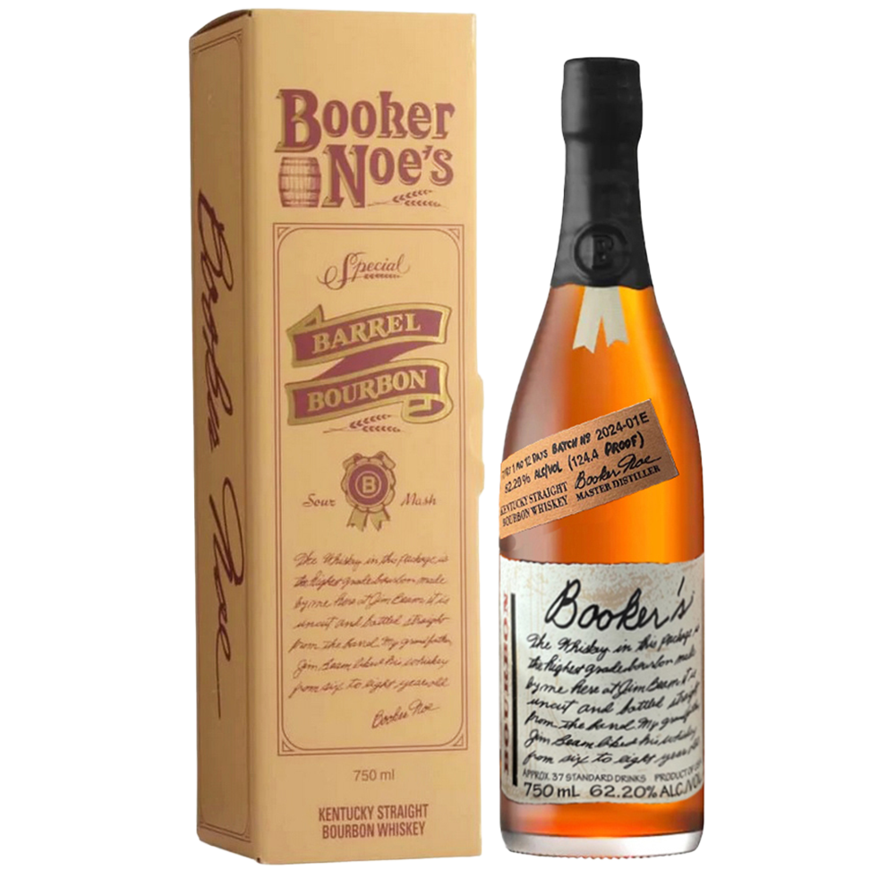 A 750 ml bottle of Booker’s 2024 Bourbon, at 62.20% ABV, features a handwritten-style label and sits beside its tan, vintage-style box.