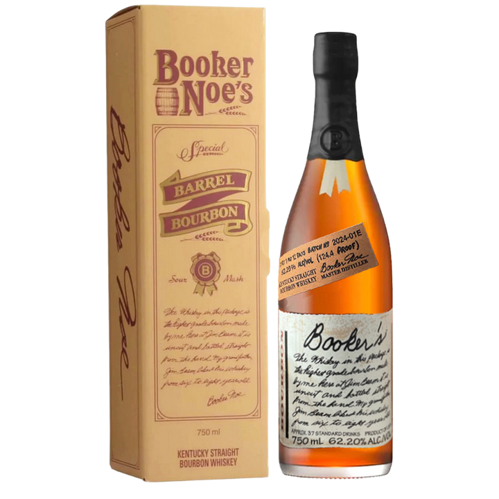 A 750 ml bottle of Booker’s 2024 Bourbon, at 62.20% ABV, features a handwritten-style label and sits beside its tan, vintage-style box.