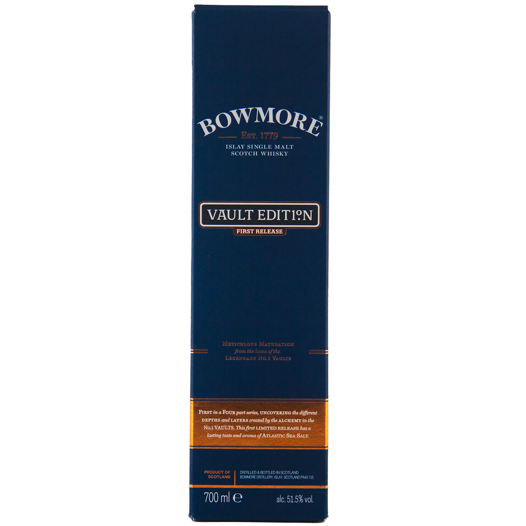 A tall blue box of Bowmore Vault Edition Atlantic Sea Salt (First Release) Single Malt Scotch Whisky, 700 ml, 51.5% ABV, with gold and white text describing its No.1 Vaults heritage.
