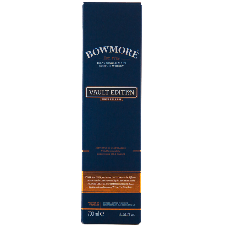 A tall blue box of Bowmore Vault Edition Atlantic Sea Salt (First Release) Single Malt Scotch Whisky, 700 ml, 51.5% ABV, with gold and white text describing its No.1 Vaults heritage.