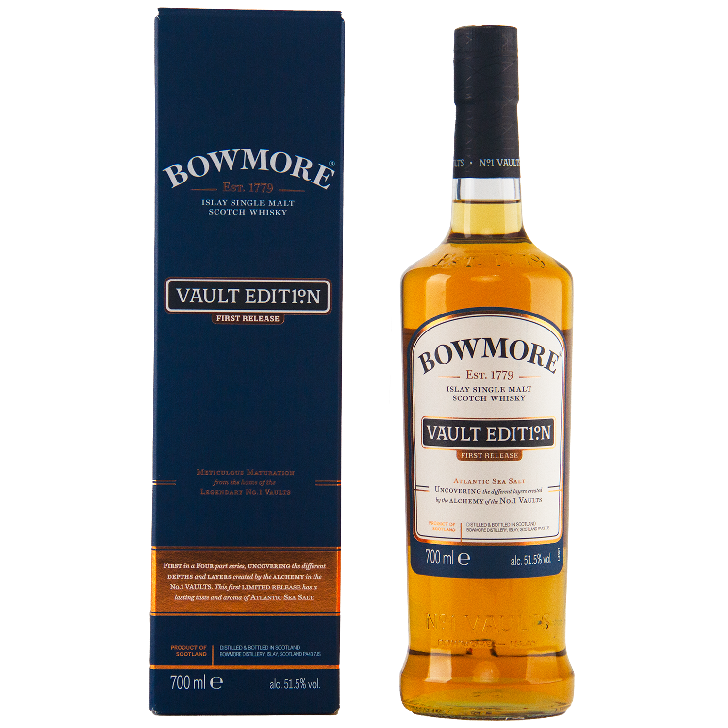 A bottle of Bowmore Vault Edition Atlantic Sea Salt (First Release) Single Malt Scotch Whisky stands next to its blue box. Both feature gold and white text, celebrating the No.1 Vaults. The bottle holds 700ml at 51.5% ABV.