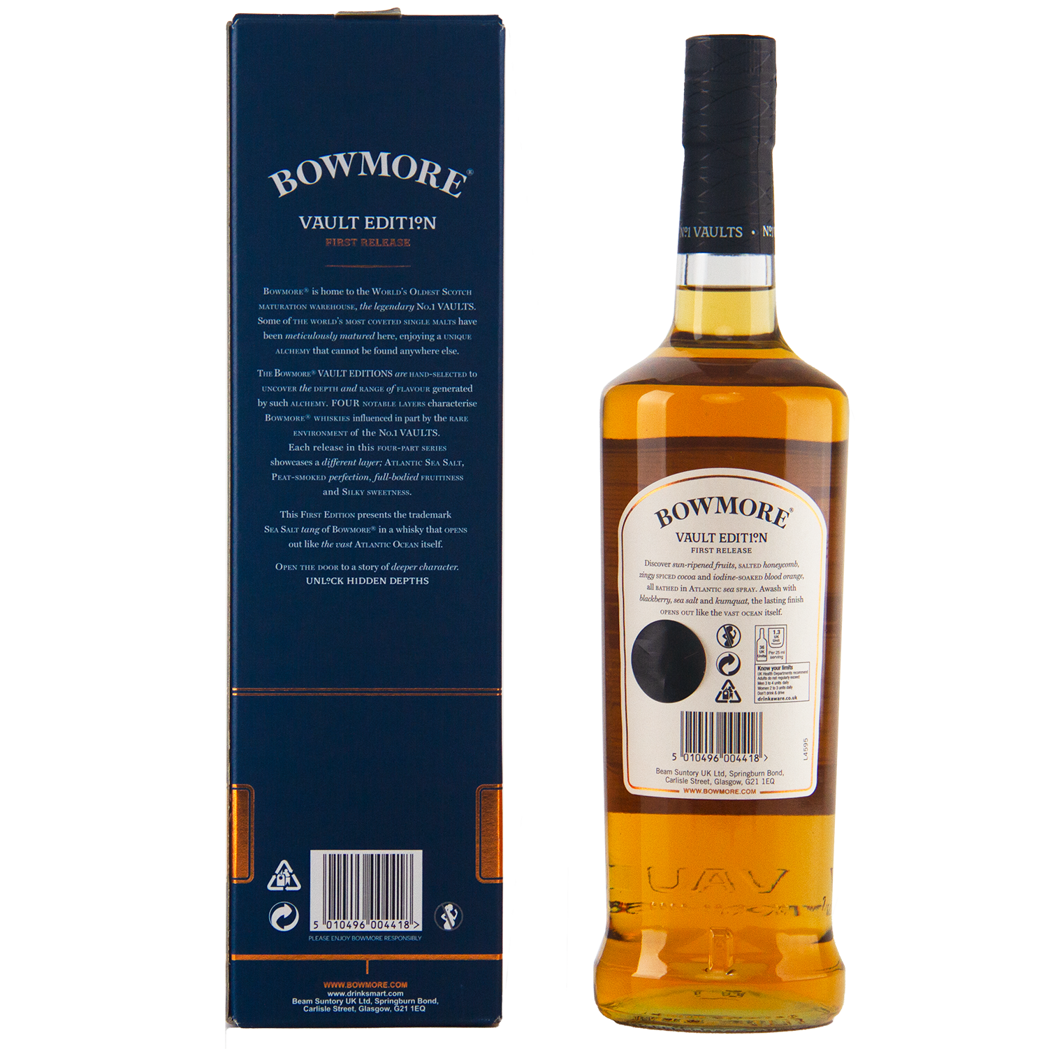 A bottle of Bowmore Vault Edition Atlantic Sea Salt (First Release) Single Malt Scotch Whisky stands beside its blue box, both displaying the No.1 Vaults name and crisp white labels. The whisky inside gleams with a rich amber hue.