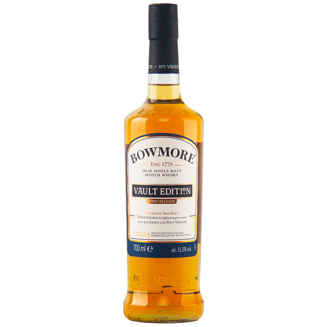 A 700 ml bottle of Bowmore Vault Edition Atlantic Sea Salt (First Release) Single Malt Scotch Whisky from No.1 Vaults, with a cream and navy label, gold accents, and bottled at 51.5% ABV.